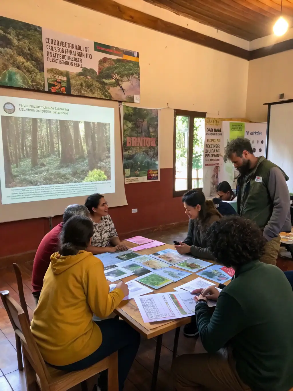 A photograph showcasing a community workshop on sustainable forestry practices, with participants actively engaged in learning and discussion.