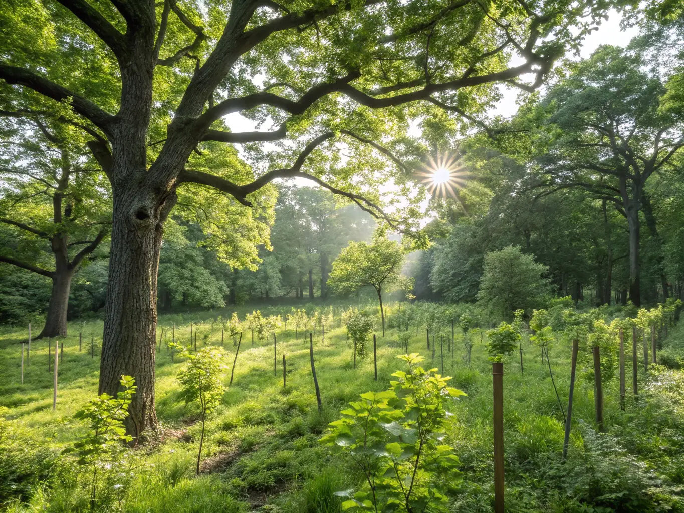 A vibrant, diverse forest scene showcasing the positive impact of sustainable forest management practices, with thriving trees and healthy undergrowth.