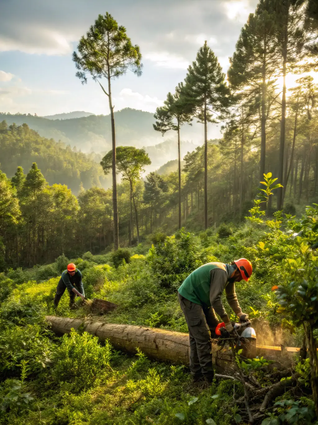 A scenic view of a well-managed forest, highlighting the balance between timber harvesting and ecological preservation.