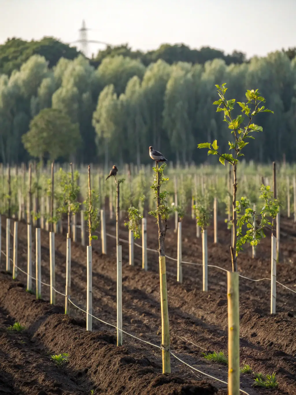 An image of forest workers planting new trees in a lush, green forest, symbolizing reforestation efforts and ecological restoration.
