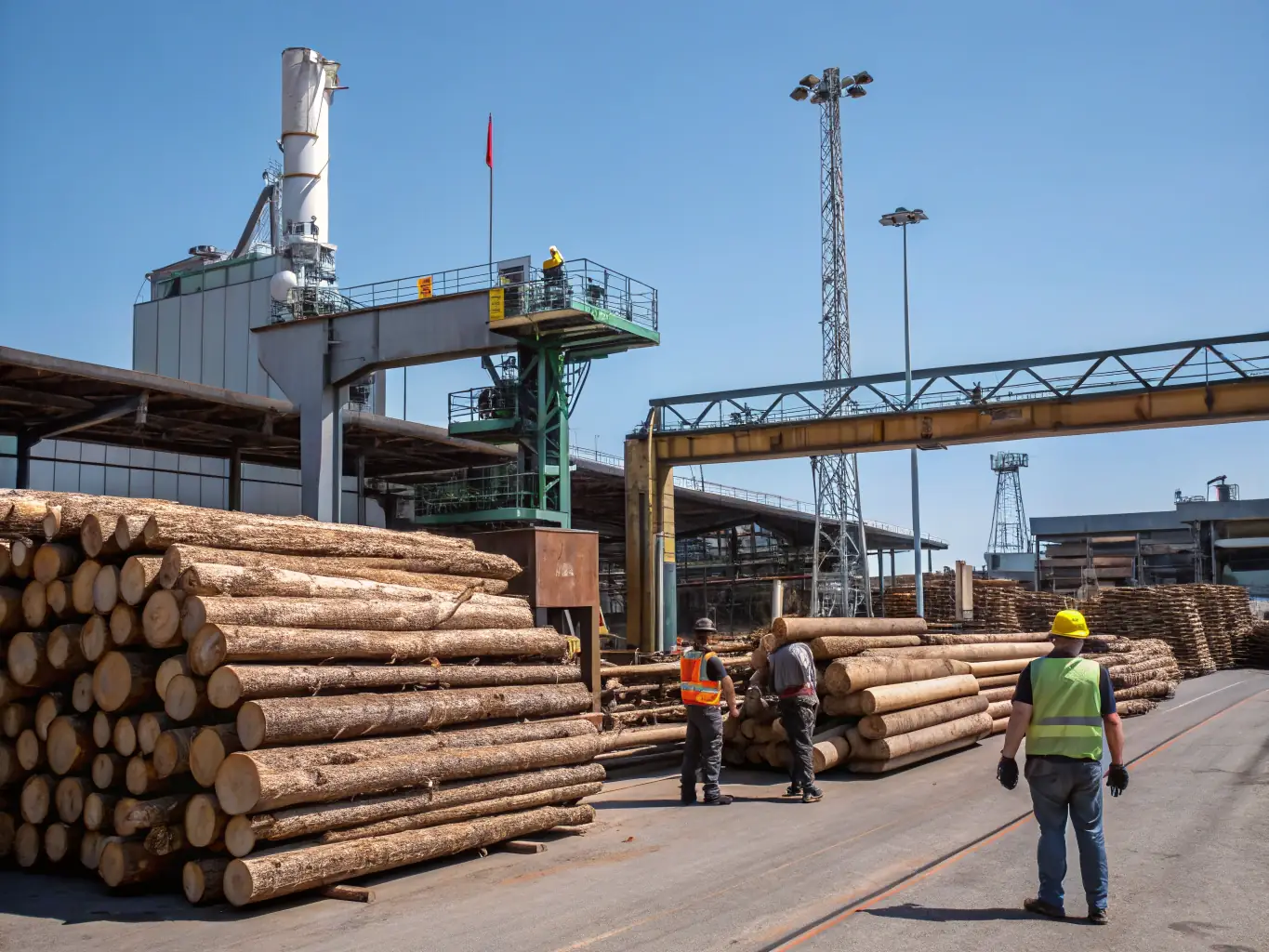 A modern sawmill operating with sustainable practices, showcasing the economic benefits of responsible forest management and the production of high-quality timber.