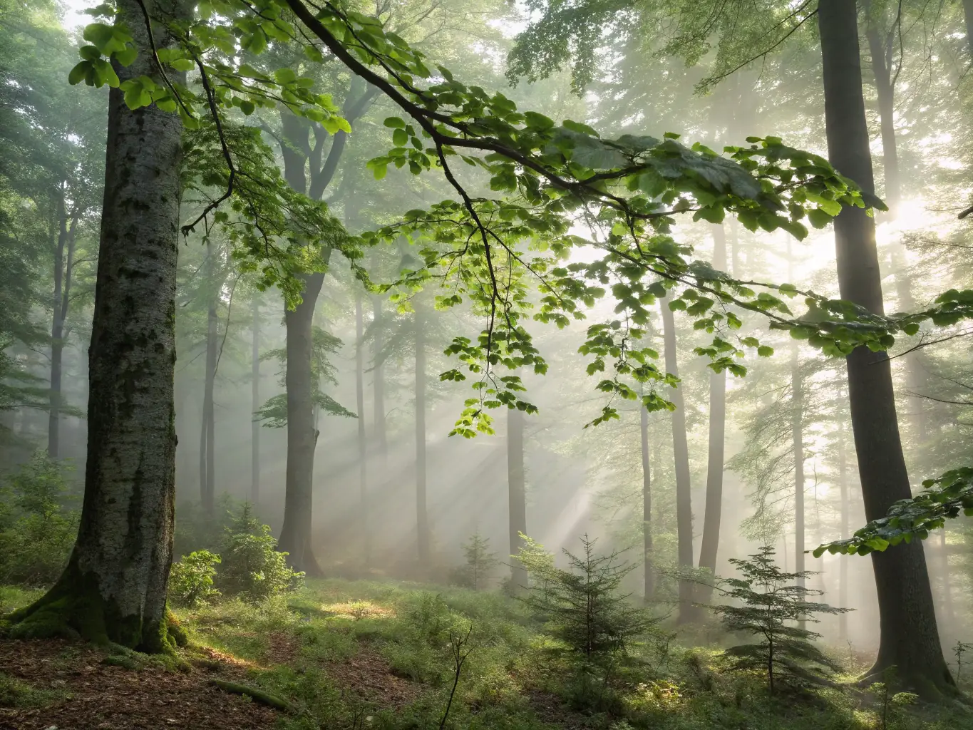 A lush, green forest landscape in Cantal, showcasing sustainable forest management practices with diverse tree species and healthy undergrowth.