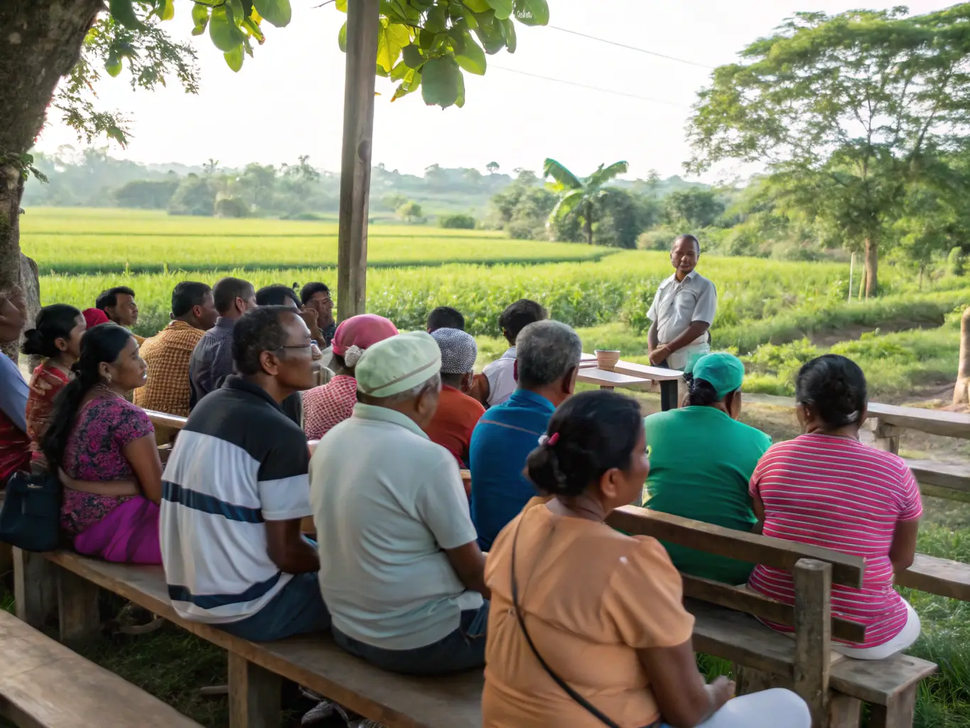 A group of local community members participating in a forest management workshop, learning about sustainable harvesting techniques and ecological preservation.